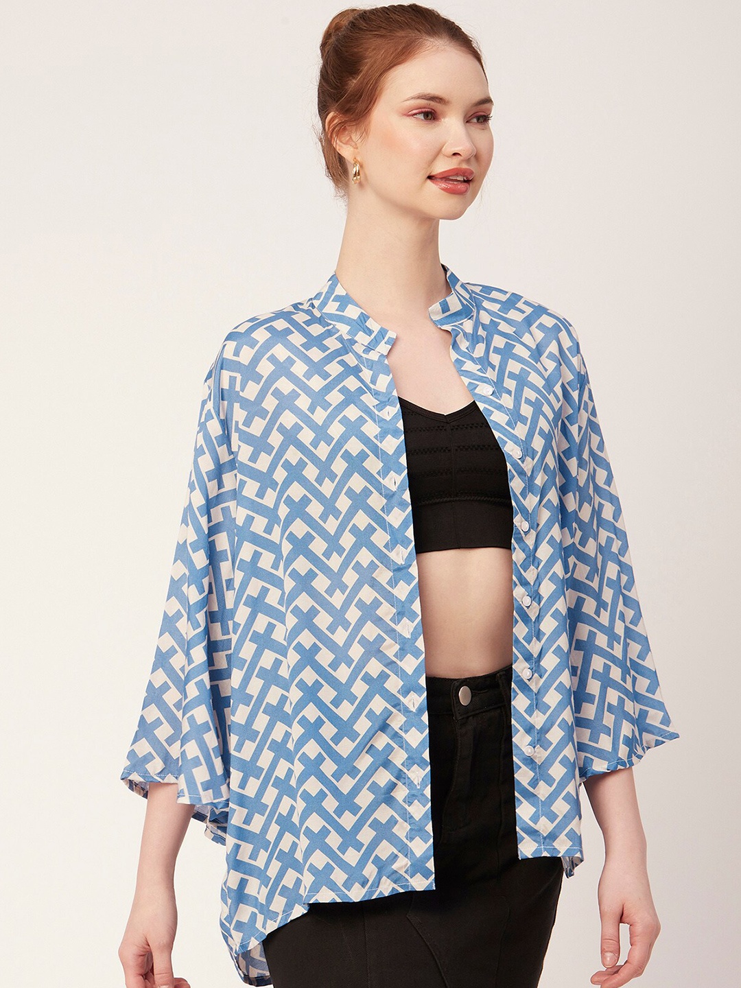 

Moomaya Classic Abstract Printed Shirt Style Modal Top, Blue