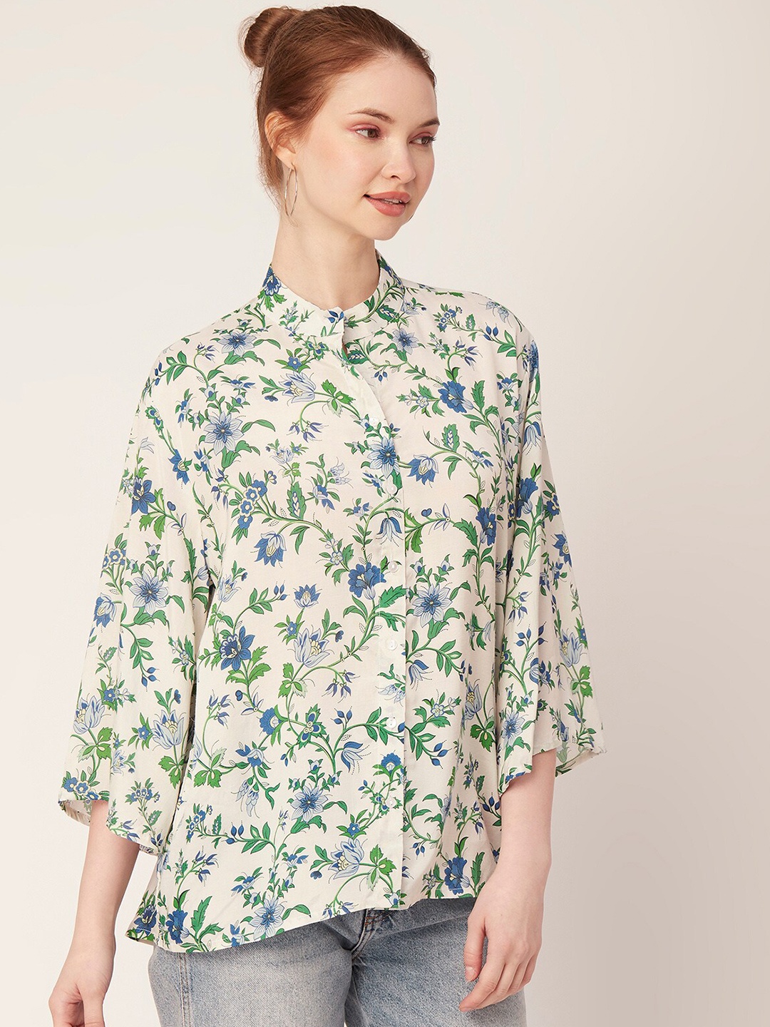 

Moomaya Classic floral Printed Shirt Style Modal Top, Blue