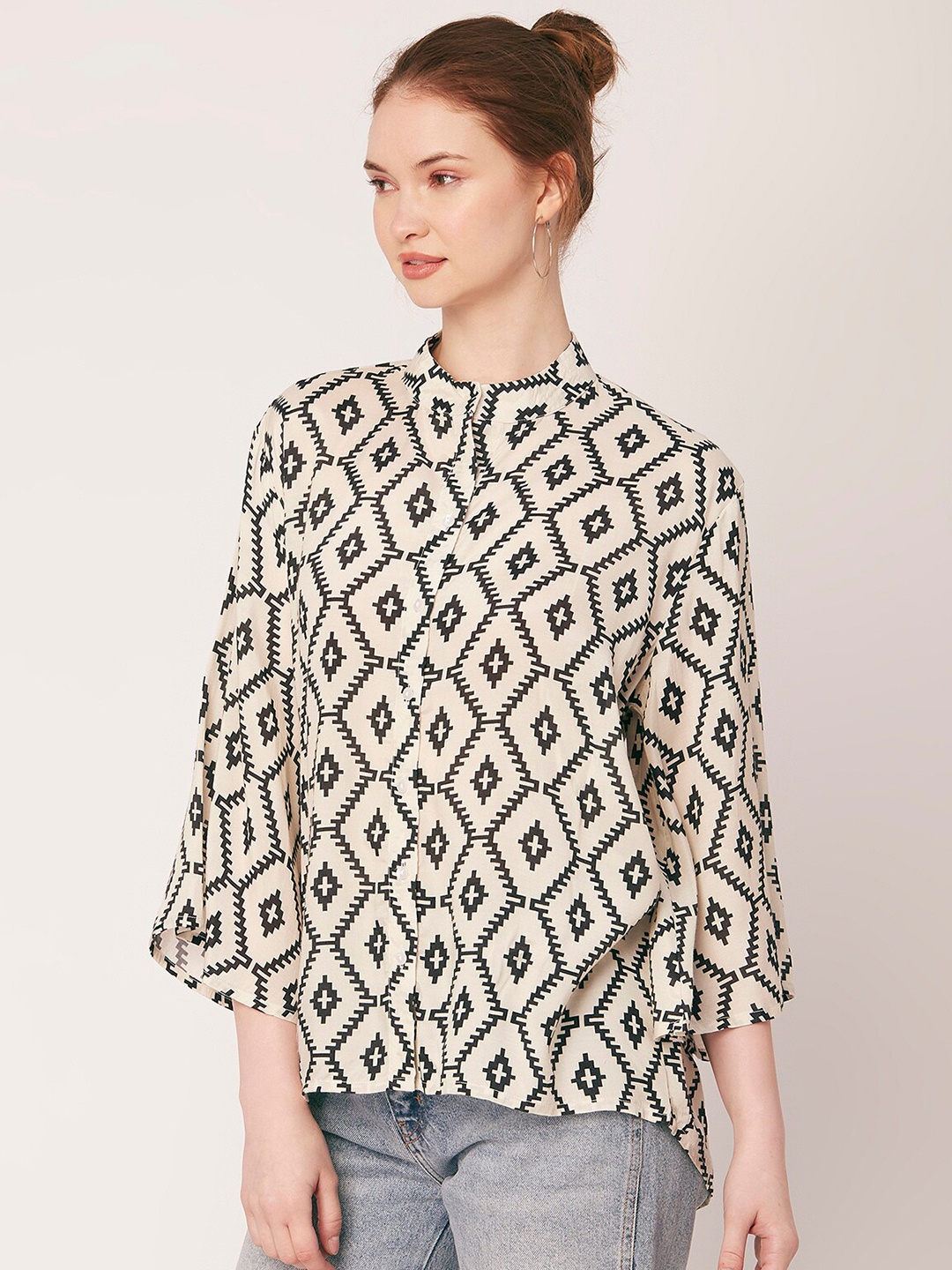 

Moomaya Classic Geometric Printed Shirt Style Modal Top, White