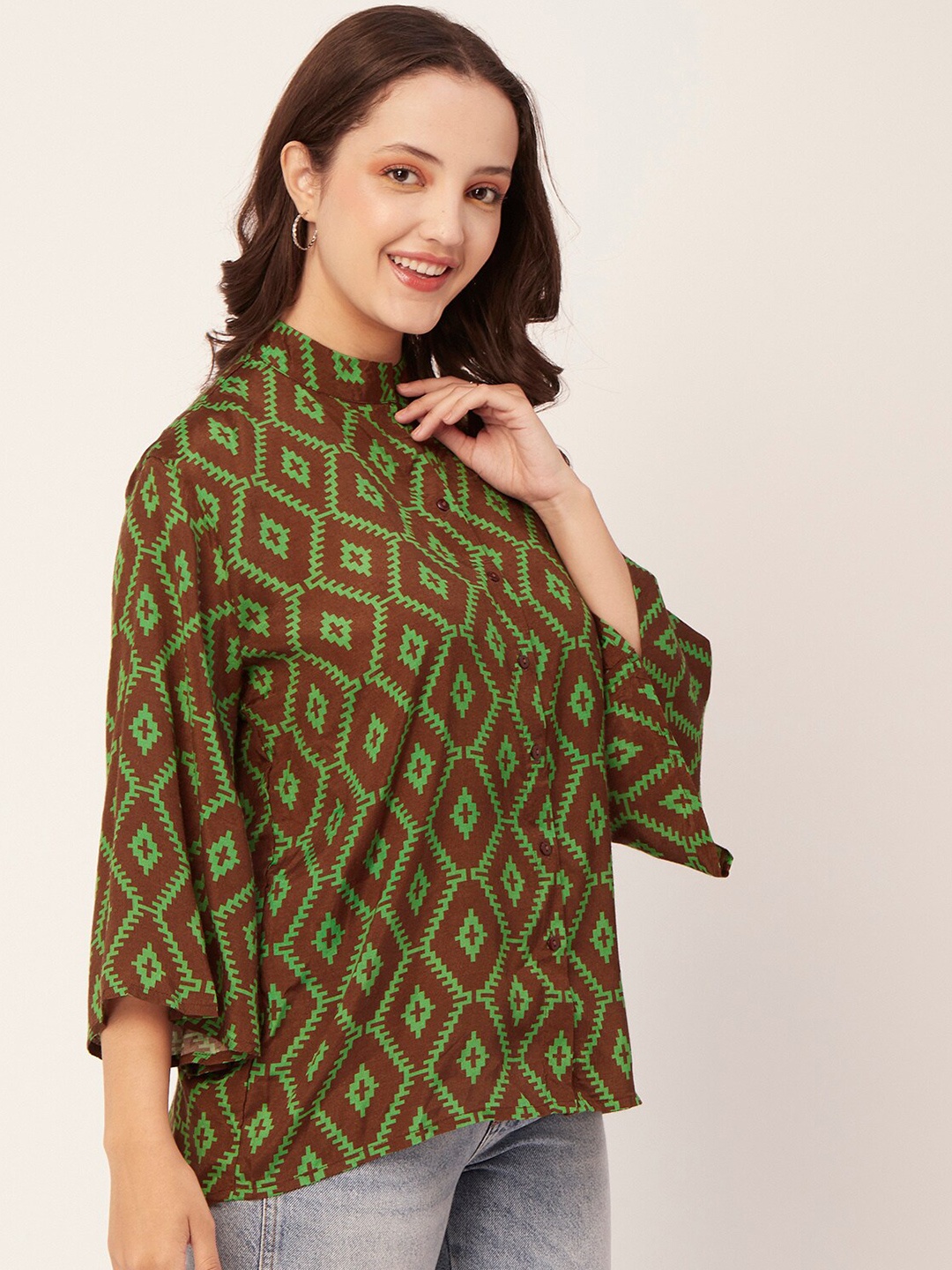 

Moomaya Classic Geometric Printed Shirt Style Modal Top, Brown