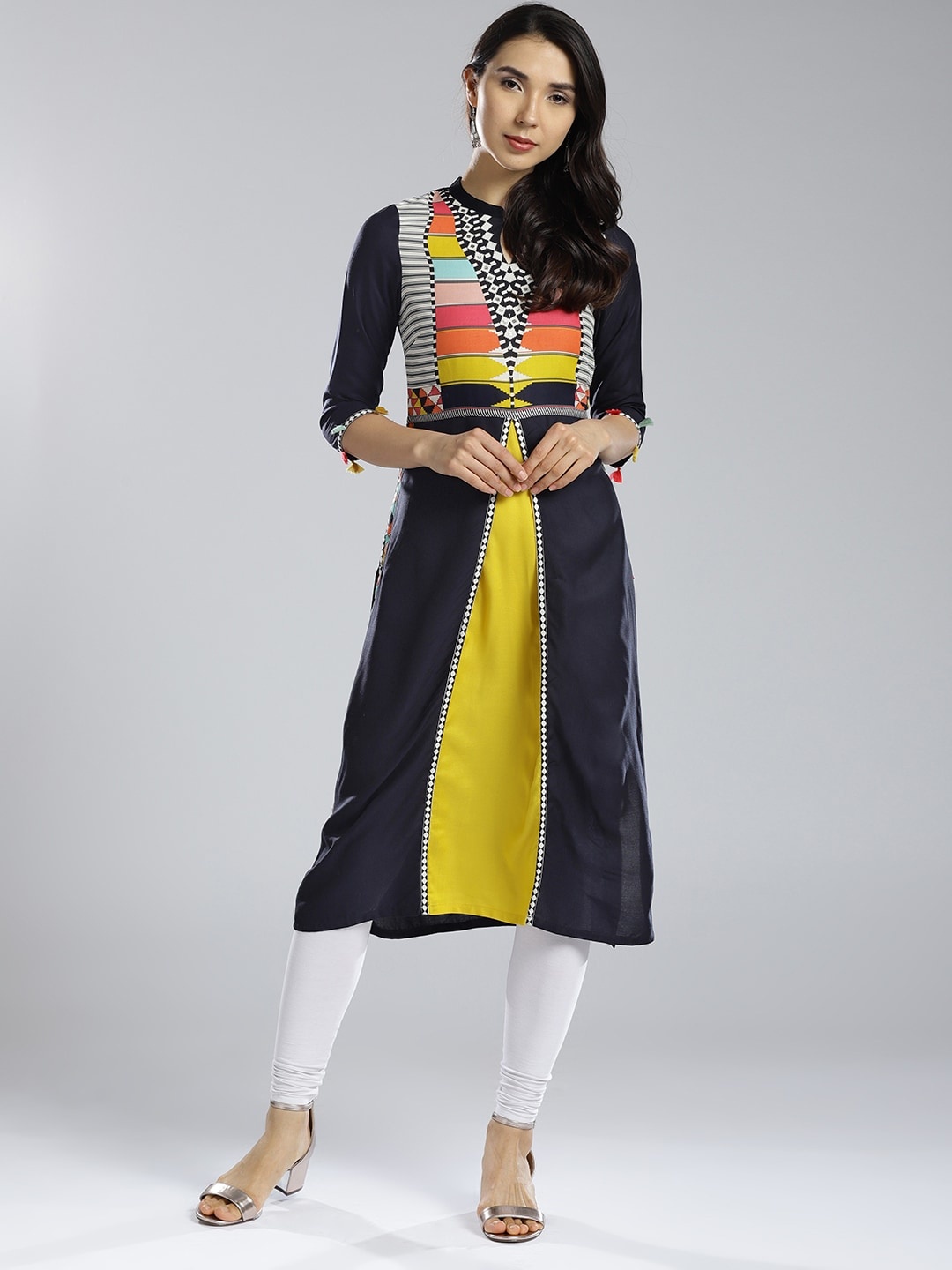 

W Women Navy Blue & Mustard Yellow Yoke Design Panelled A-Line Sustainable Kurta