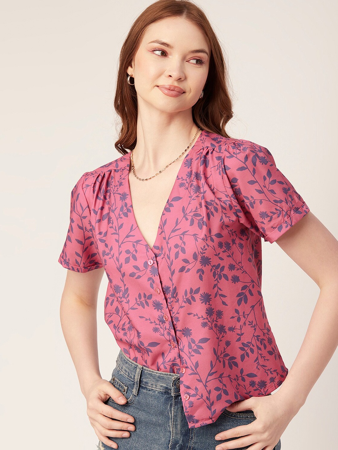 

Moomaya Floral Printed Shirt Style Top, Pink