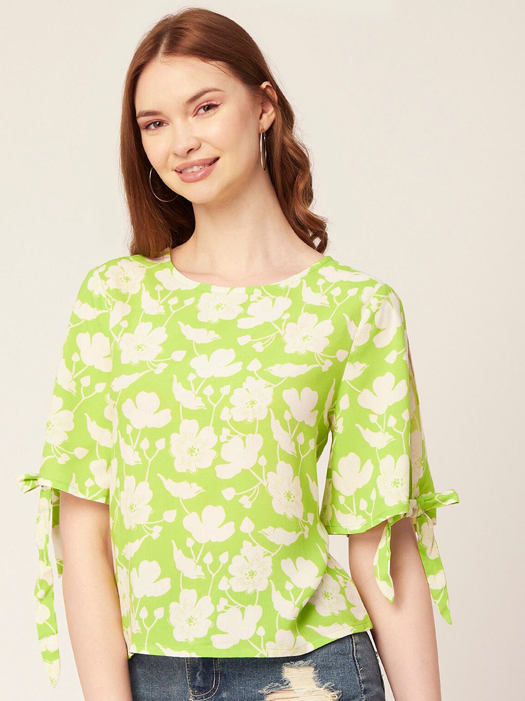 

Moomaya Floral Printed Slit Sleeves Tie Ups A-Line Top, Green