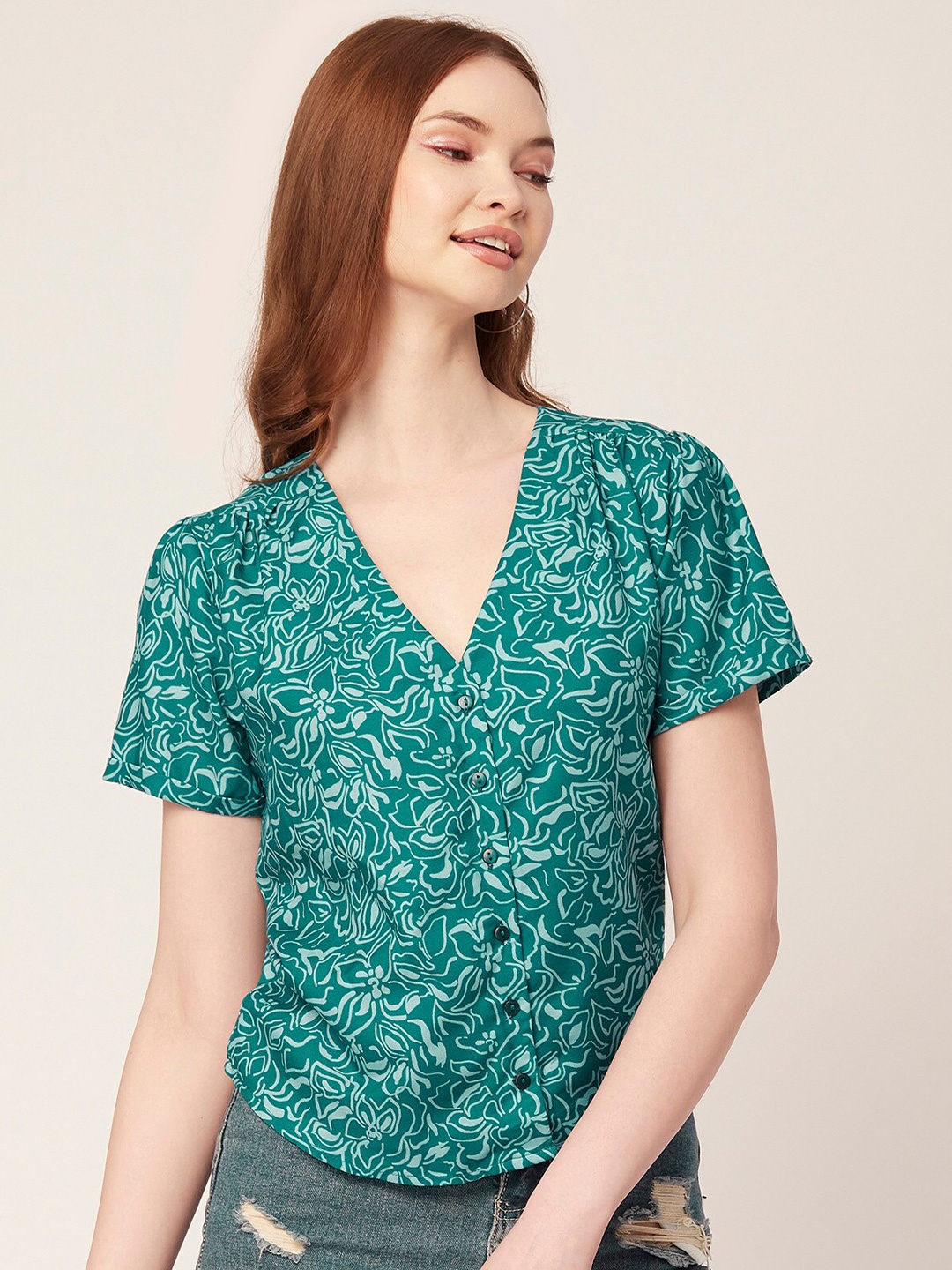 

Moomaya Floral Printed Shirt Style Crop Top, Teal