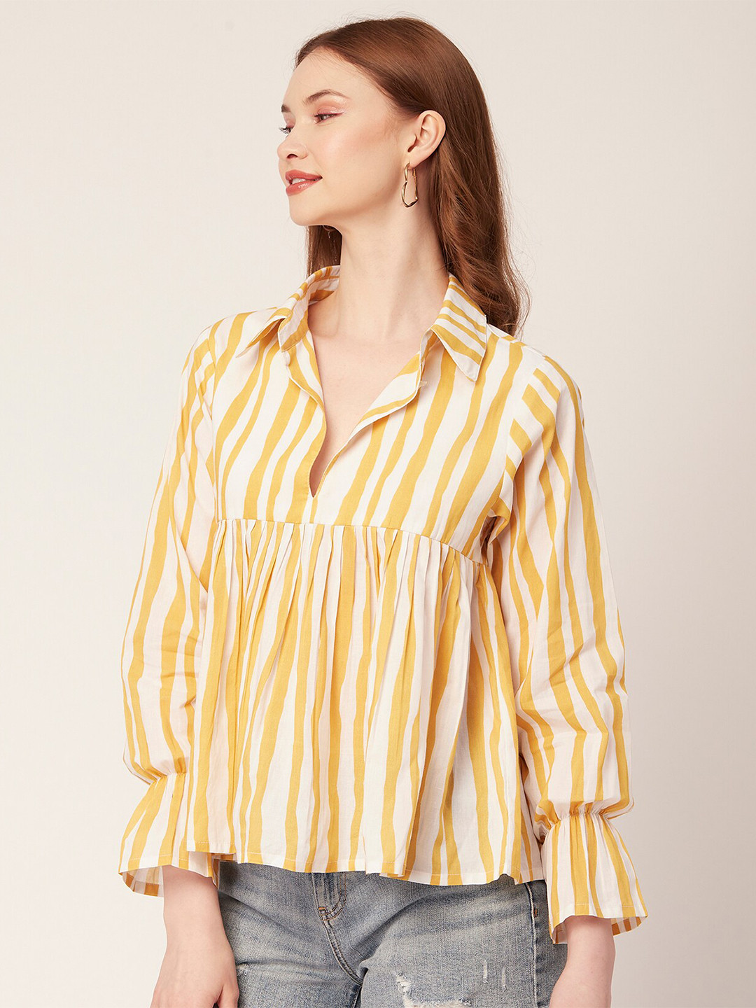 

Moomaya Abstract Printed Puff Sleeves Gathered Cotton Shirt Style Top, Yellow