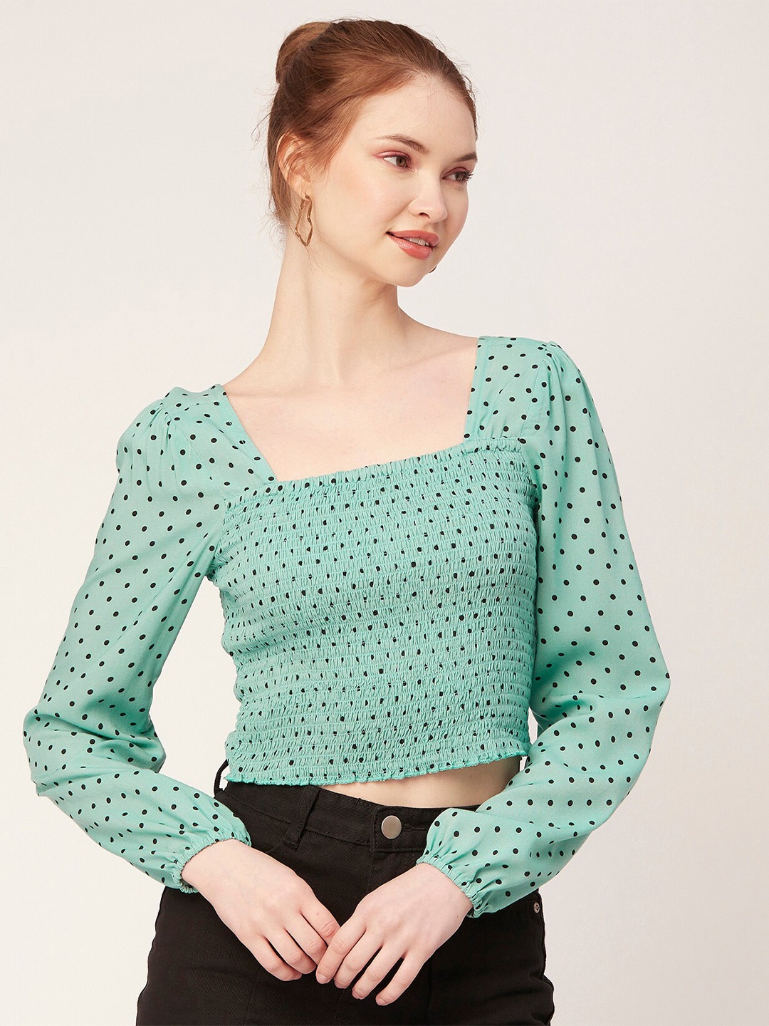 

Moomaya Polka Dots Printed Puff Sleeve Crop Top, Green