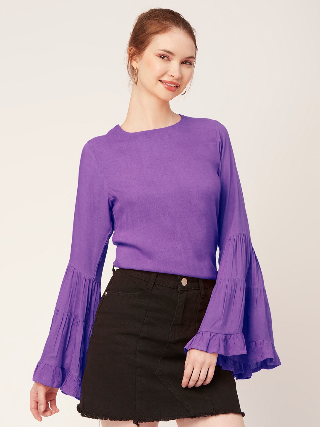 

Moomaya Round Neck Bell Sleeves Top, Purple