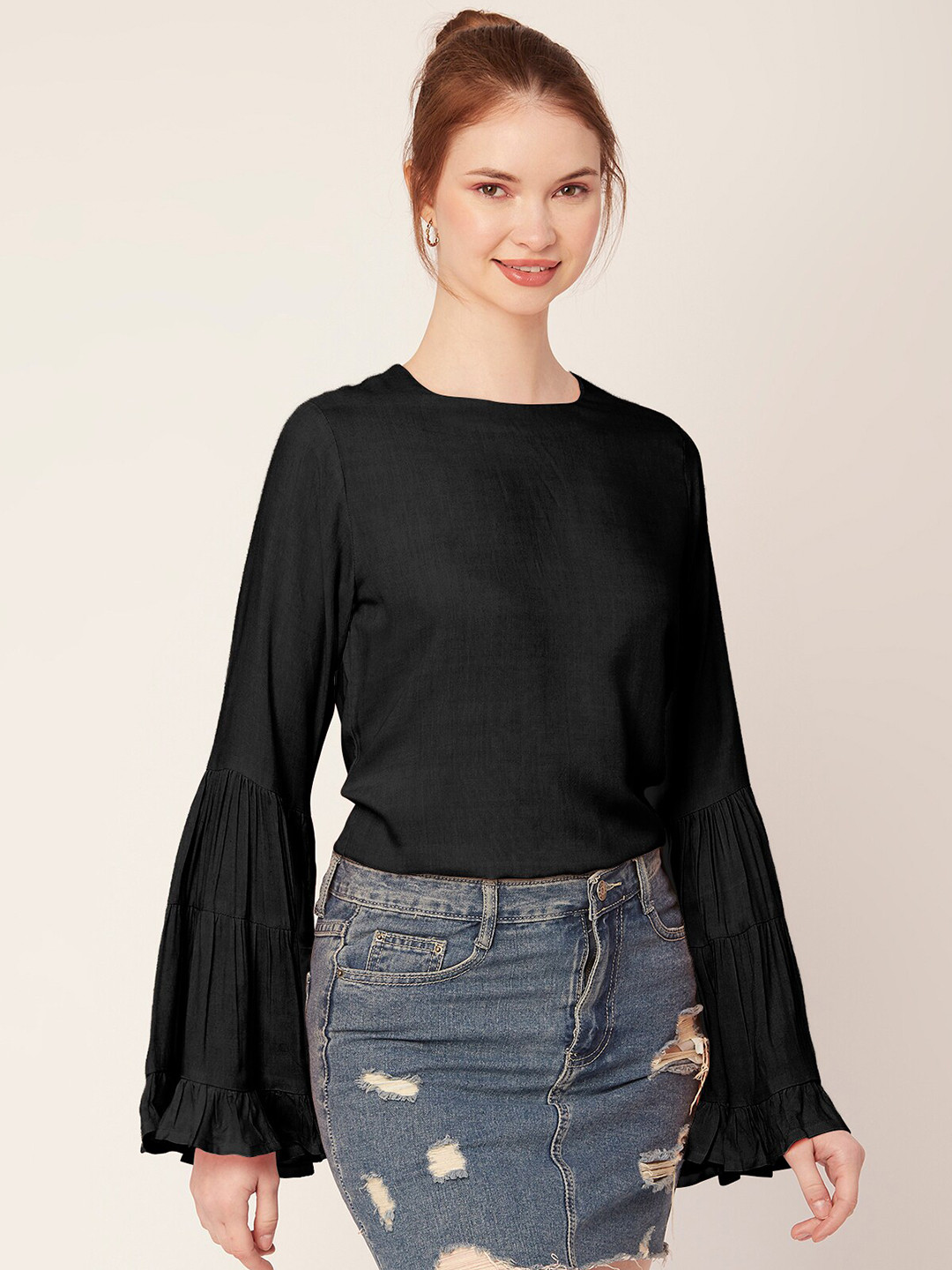 

Moomaya Round Neck Bell Sleeves Top, Black