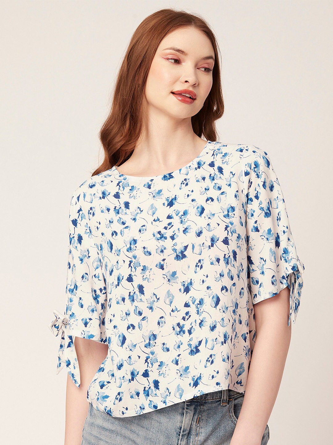 

Moomaya Floral Printed Tie-up Detail Regular Top, White