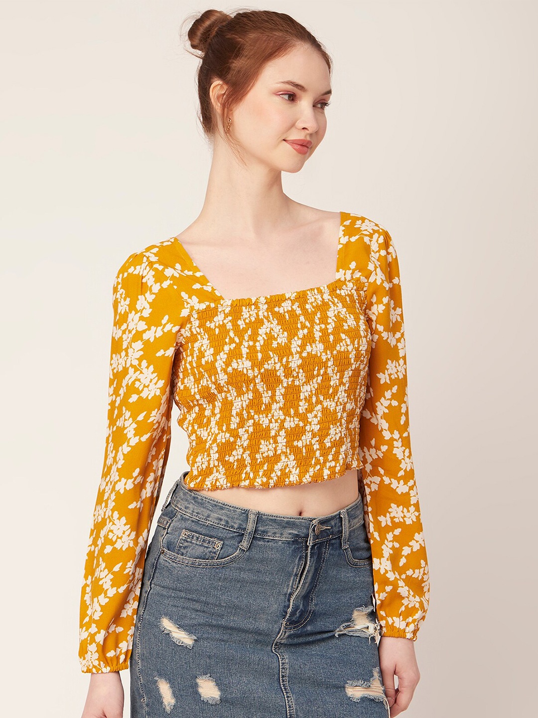 

Moomaya Floral Printed Smocked Puff Sleeve Crop Top, Yellow