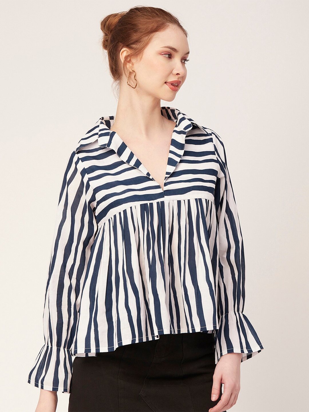 

Moomaya Striped Shirt Collar Bell Sleeves A-Line Cotton Top, Blue