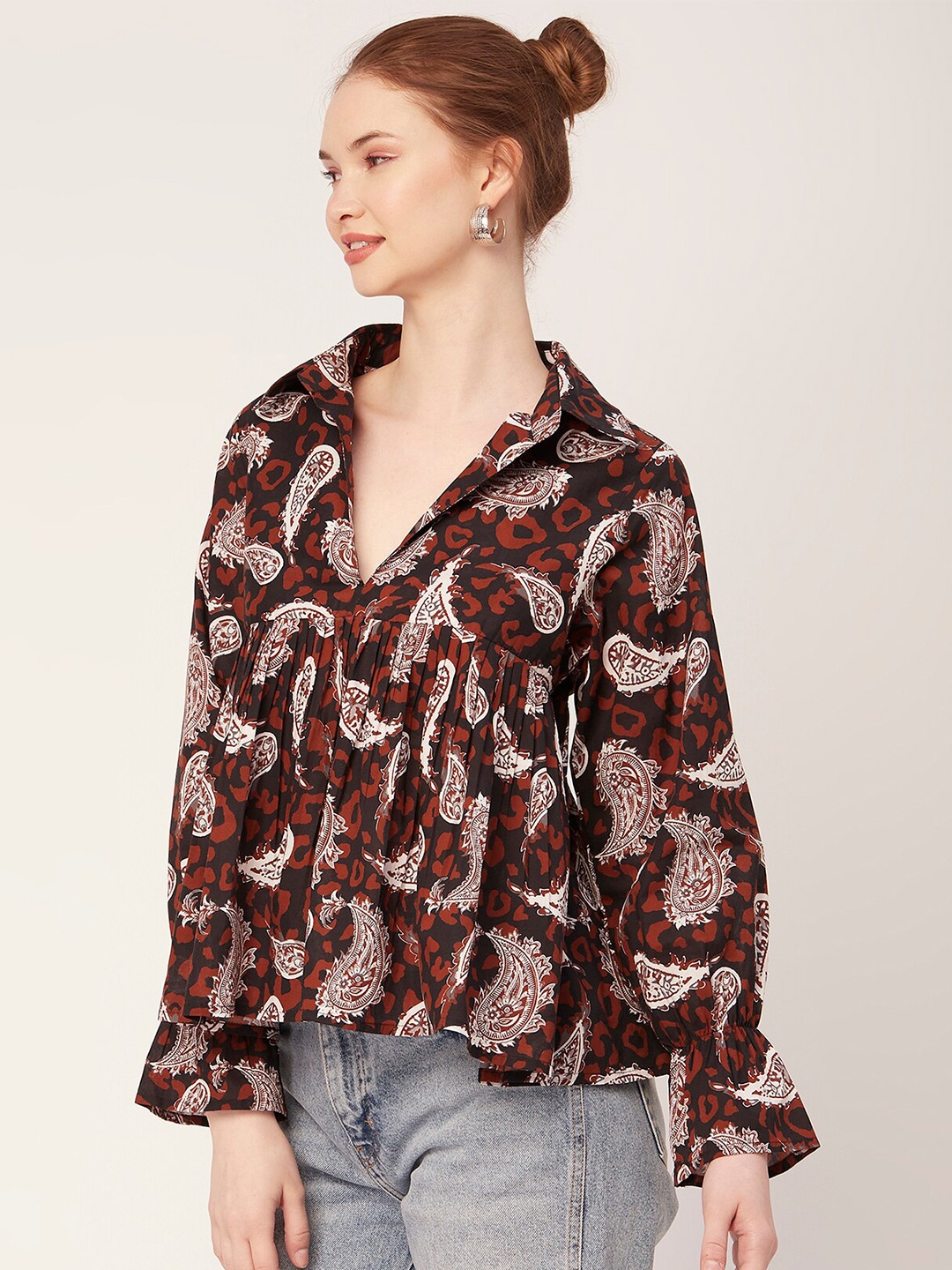 

Moomaya Paisley Printed Shirt Collar Bell Sleeves A-Line Cotton Top, Brown
