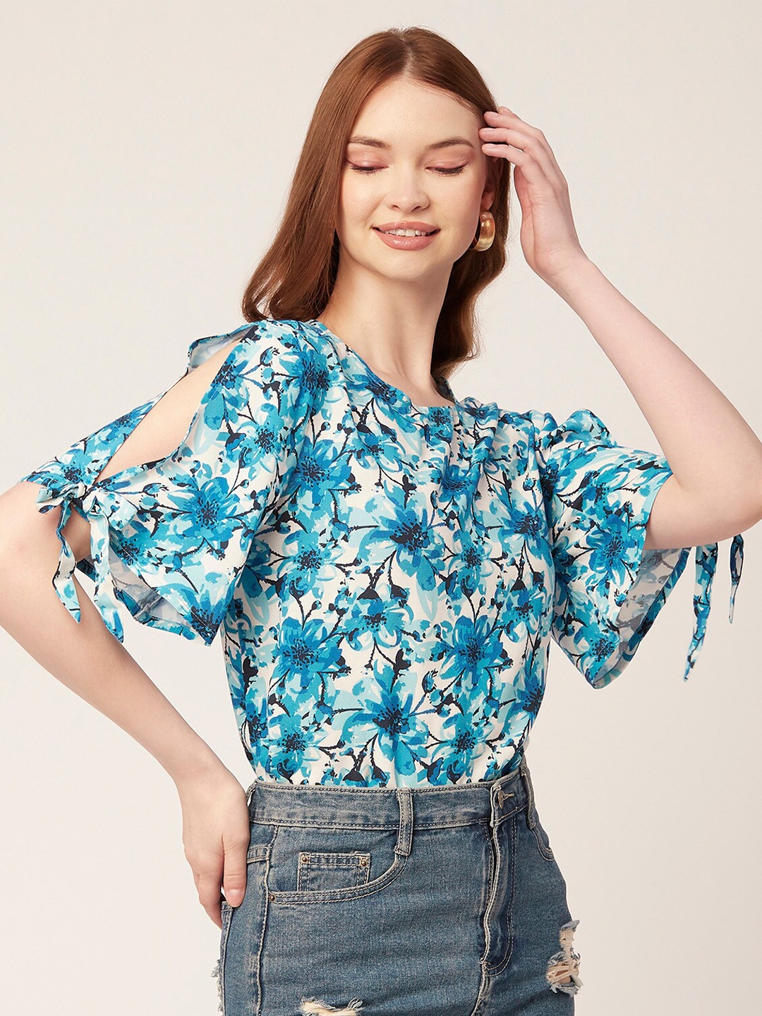 

Moomaya Floral Printed Slit Sleeves Tie Ups A-Line Top, Blue