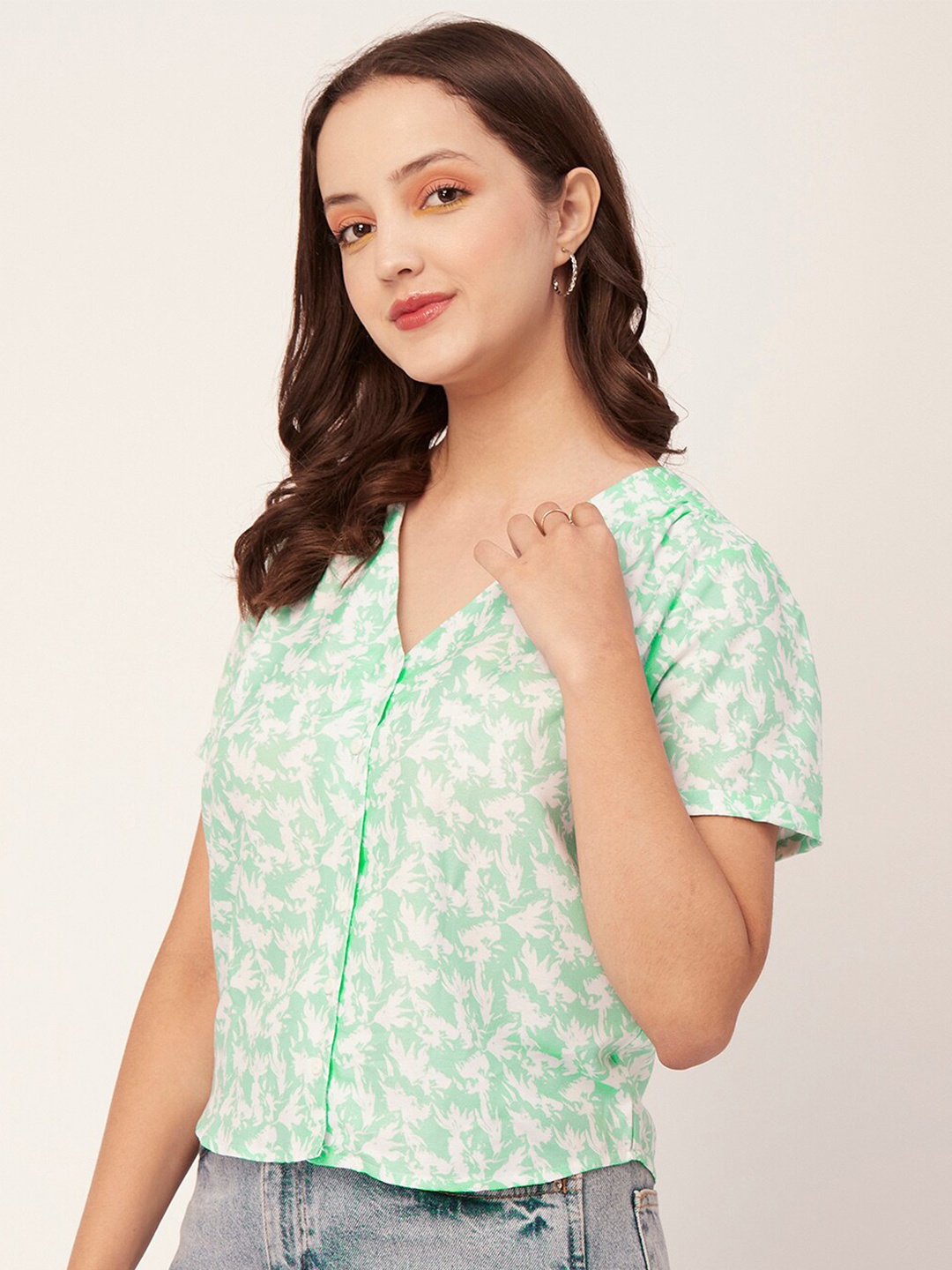 

Moomaya Floral Printed Shirt Style Crop Top, Green