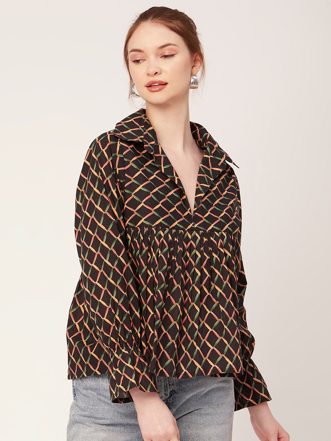 

Moomaya Geometric Printed Shirt Collar Bell Sleeves A-Line Cotton Top, Brown