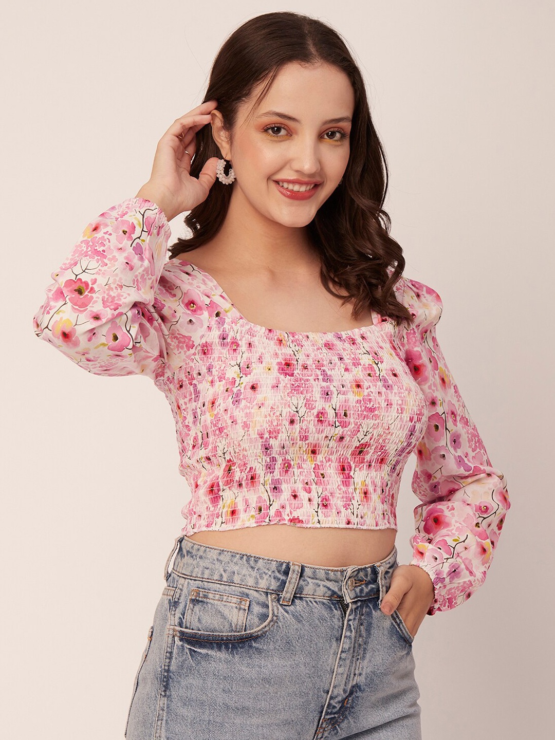 

Moomaya Floral Printed Scoop Neck Puff Sleeves Smocking Fitted Crop Top, Pink