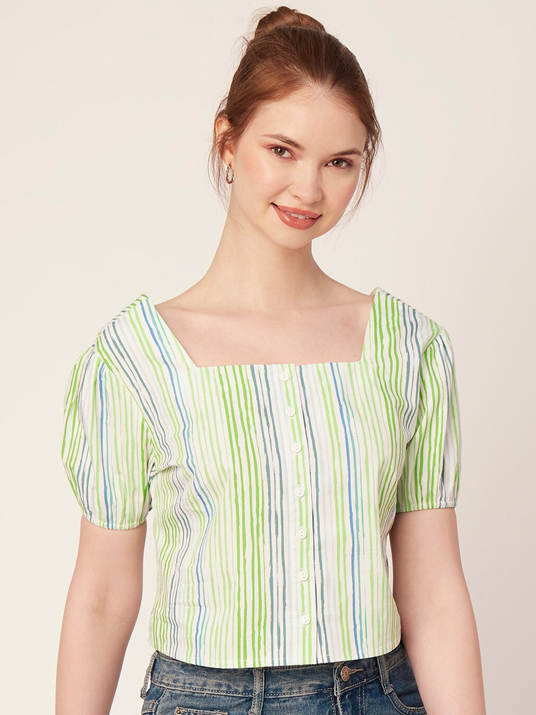

Moomaya Striped Puff Sleeve Cotton Crop Top, Green