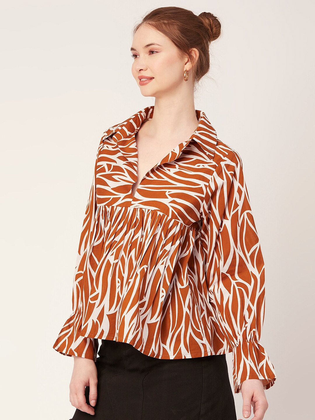 

Moomaya Abstract Printed Puff Sleeves Gathered Cotton Shirt Style Top, Brown