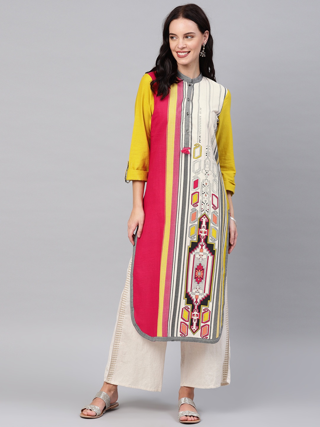 

W Women Mustard Yellow & Off-White Printed Straight Kurta