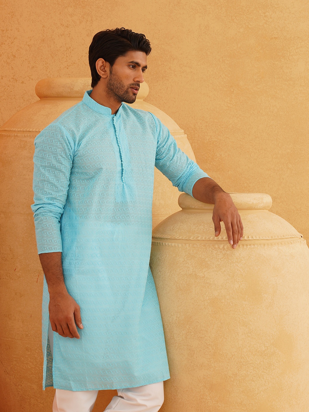 

SOJANYA Ethnic Embroidered Thread Work Pure Cotton Straight Kurta, Turquoise blue