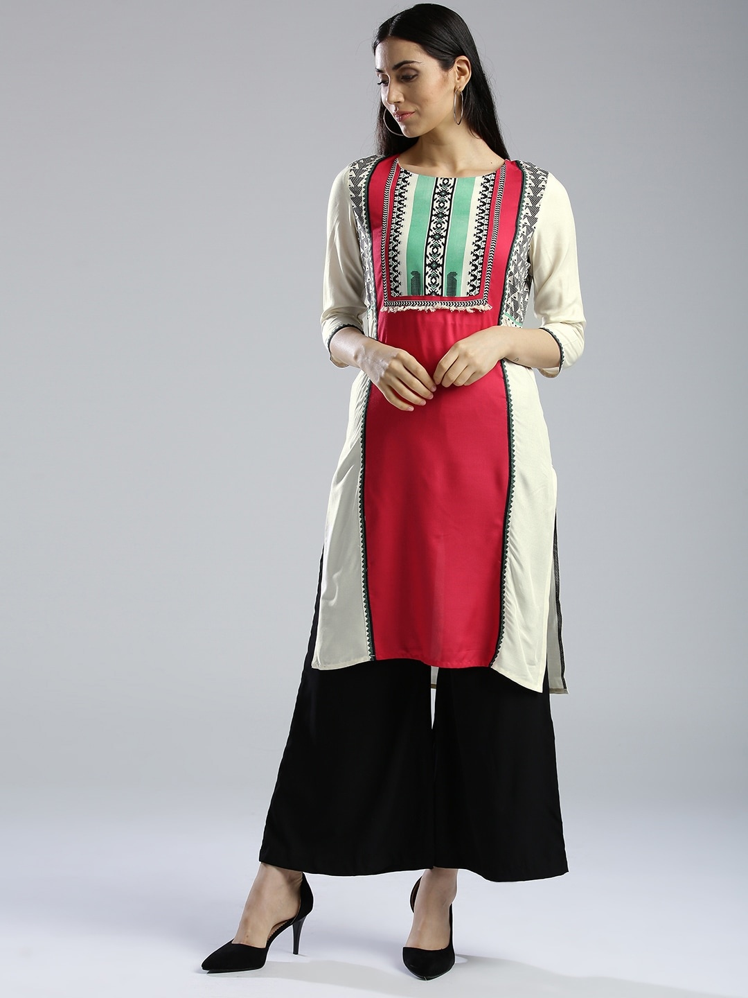 

W Women White & Pink Yoke Design Straight Sustainable Kurta