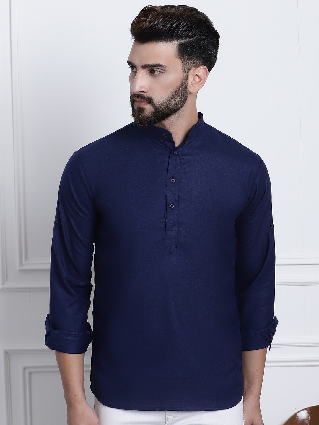 

SOJANYA Band Collar Roll-Up Sleeves Cotton Silk Kurta, Navy blue