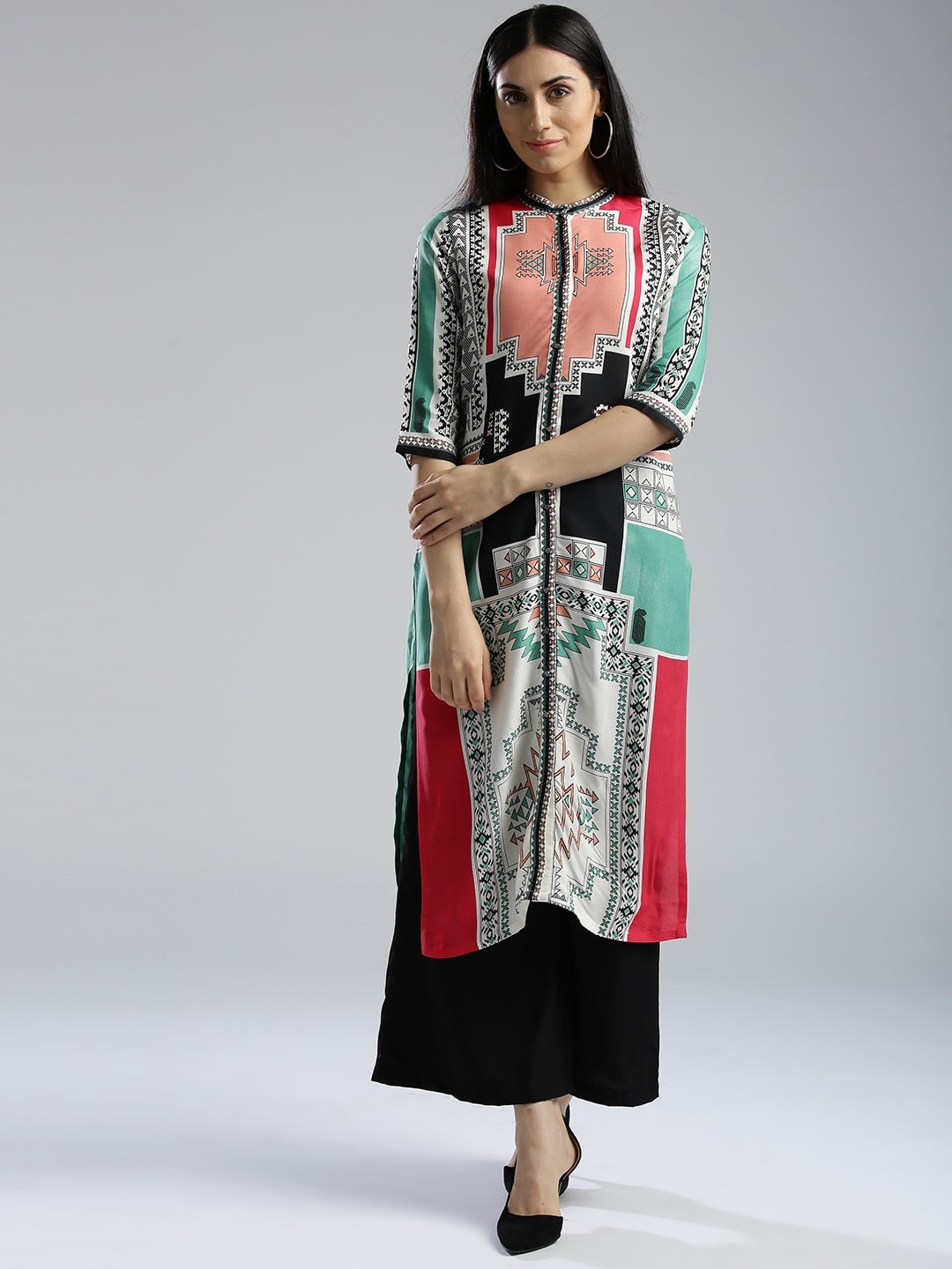 

W Women White & Peach-Coloured Printed Straight Sustainable Kurta