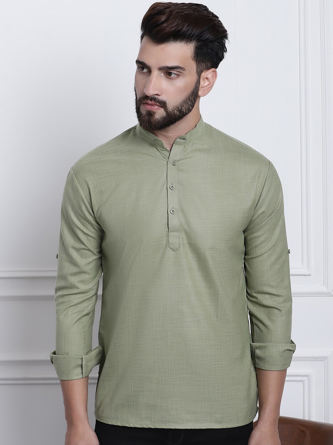 

SOJANYA Band Collar Roll-Up Sleeves Kurta, Green