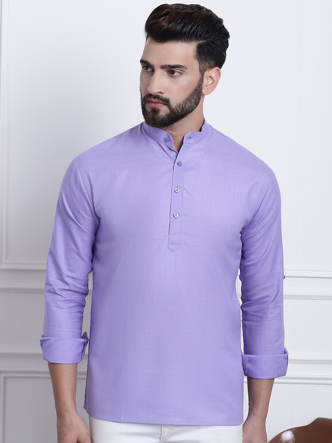 

SOJANYA Band Collar Roll-Up Sleeves Cotton Silk Kurta, Purple
