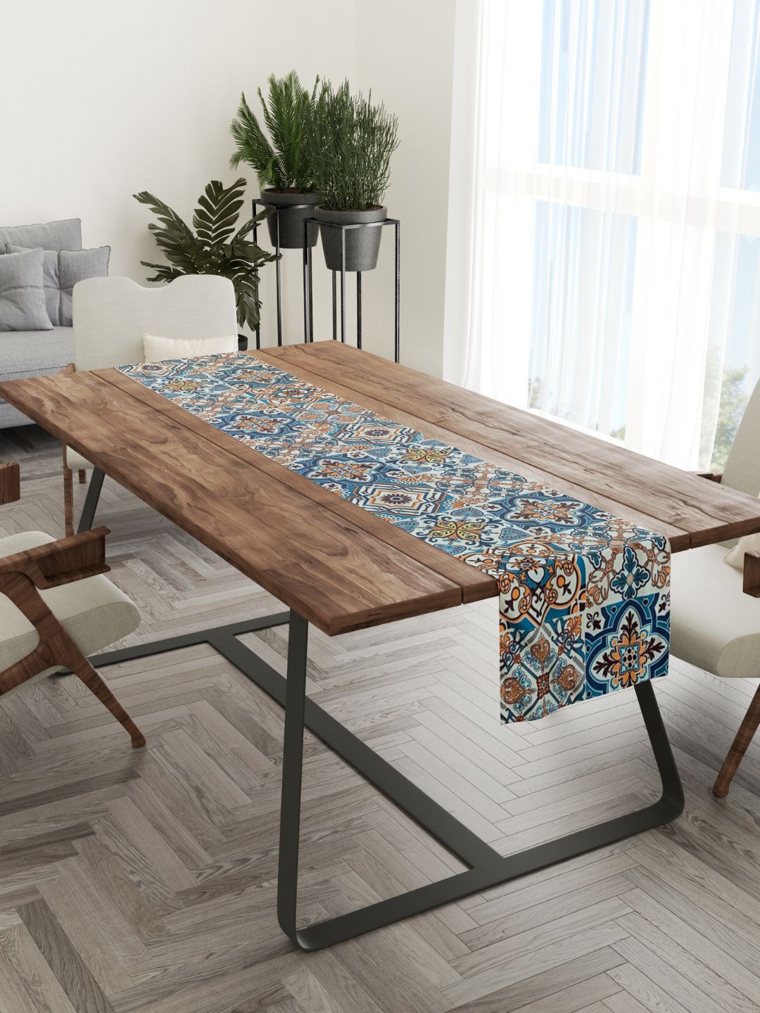 

Tasseled Home Blue & Orange-Colored Casablanca Printed Rectangular Table Runner