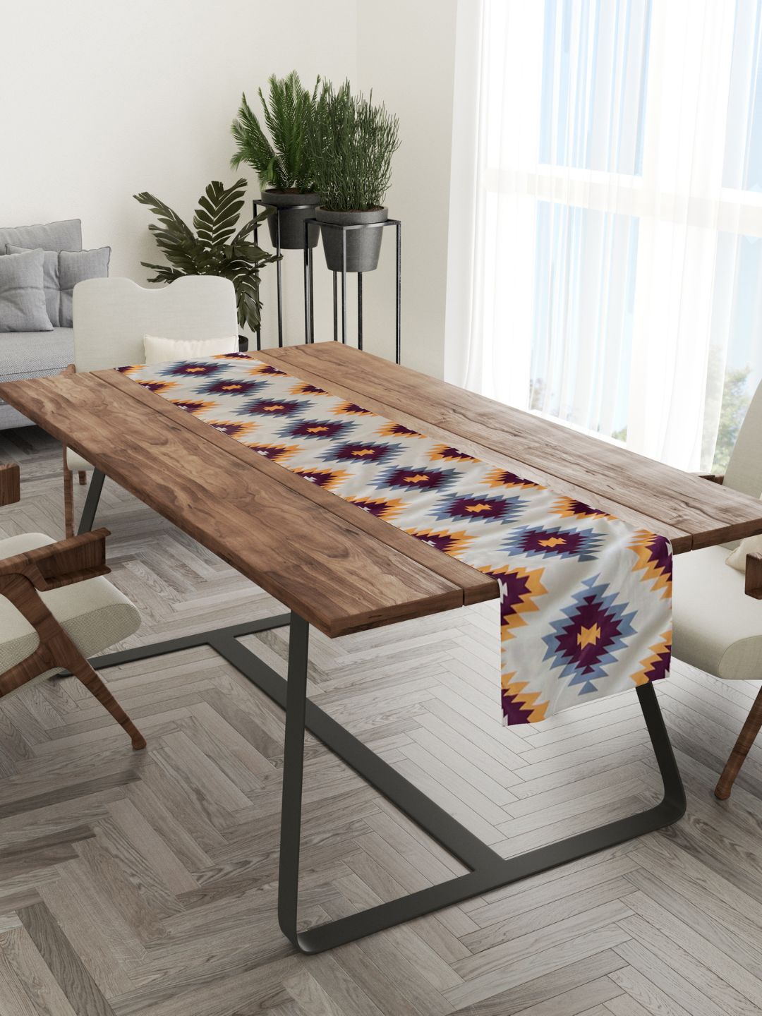 

Tasseled Home White & Orange-Colored Navajo Kilim Printed Rectangular Table Runner