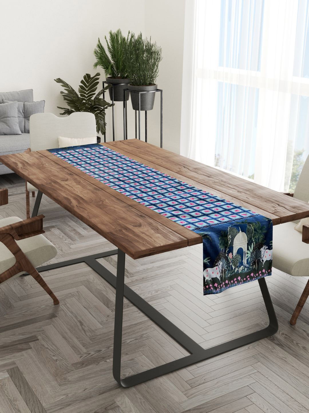 

Tasseled Home Blue & Green Chevron Pitchwai Lotus Printed Rectangular Table Runner