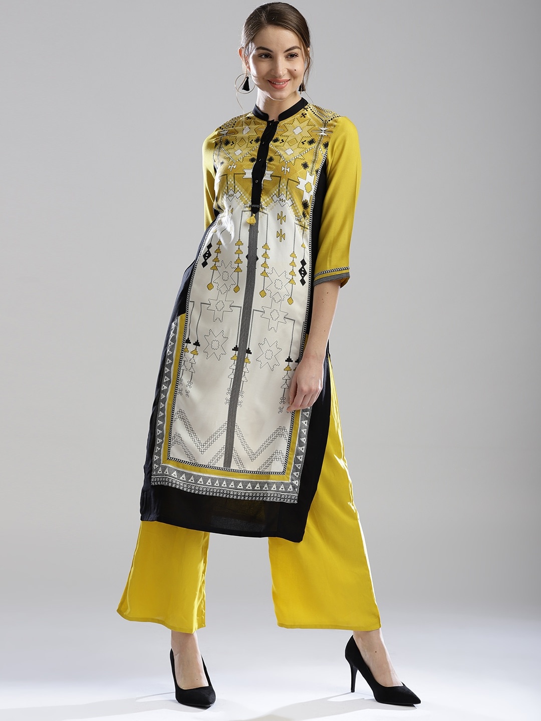 

W Women Mustard Yellow & Black Printed Straight Sustainable Kurta