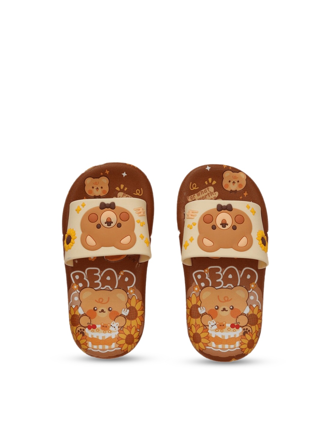 

Yellow Bee Girls Bear & Sunflower Printed Rubber Sliders, Brown