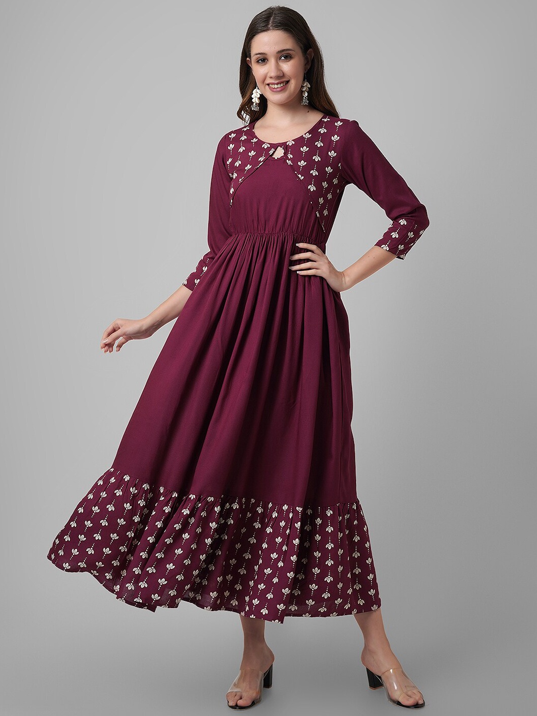 

DAEVISH Ethnic Motifs Yoke Design Keyhole Neck Jacket pattern Kurta, Maroon