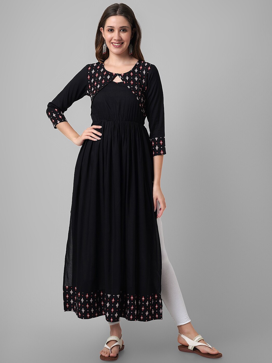

DAEVISH Ethnic Motifs Printed Work A-Line Kurta, Black