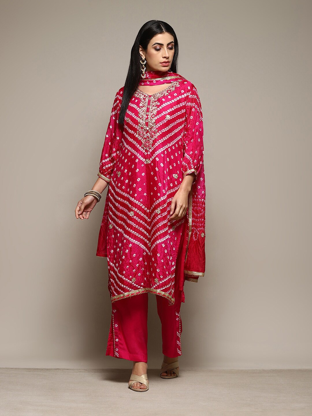 

Biba Bhandhani Printed Beads And Stones Embellished Unstitched Dress Material, Fuchsia