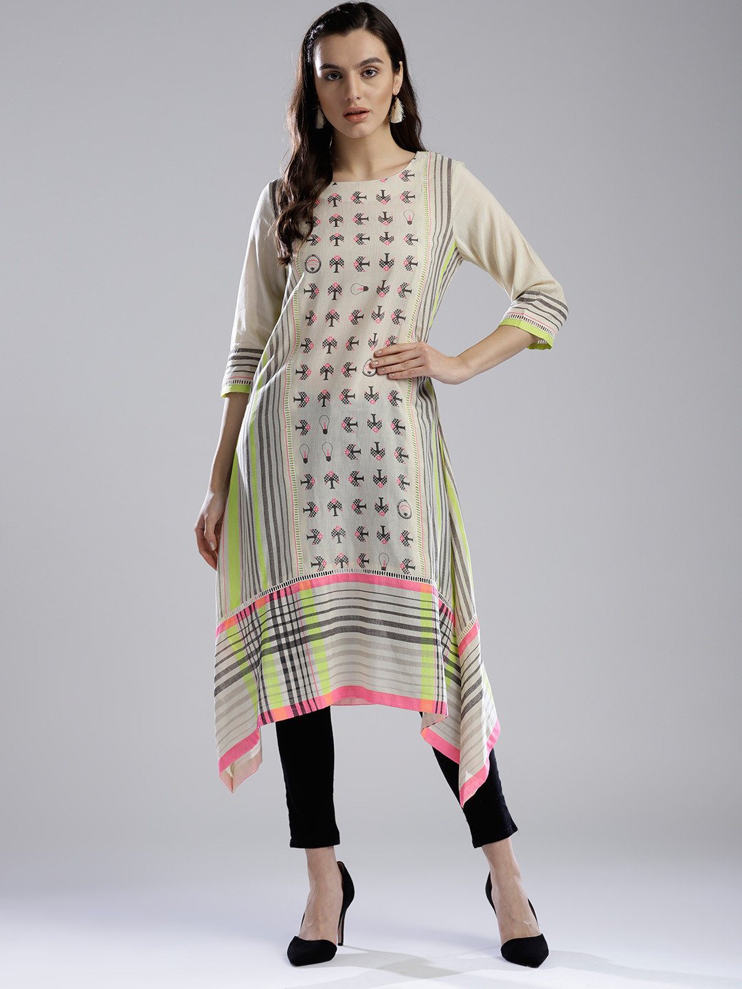 

W Women Off-White & Lime Green Printed A-Line Kurta