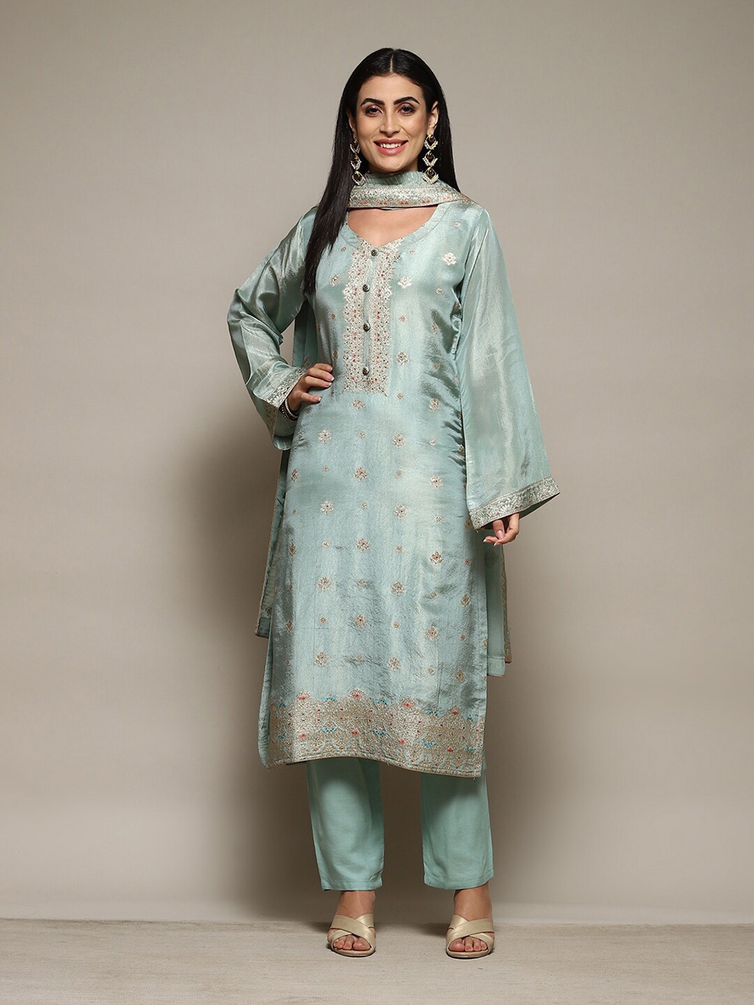 

Biba Floral Woven Design Unstitched Dress Material, Turquoise blue