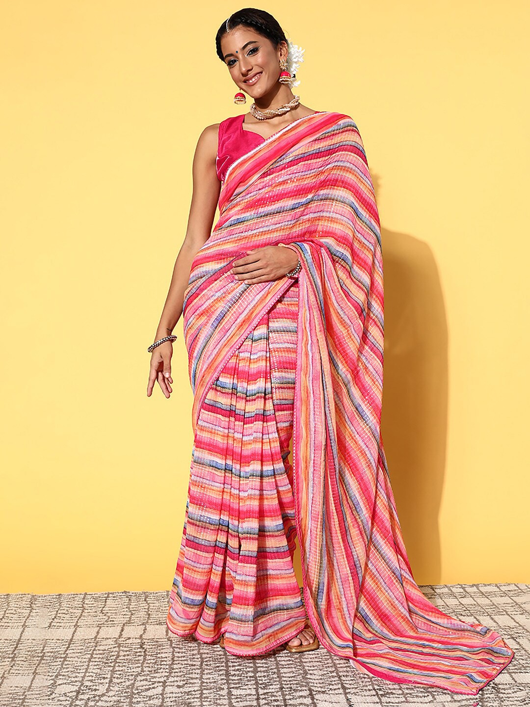 

Saree mall Striped Sequinned Pure Georgette Sarees, Pink