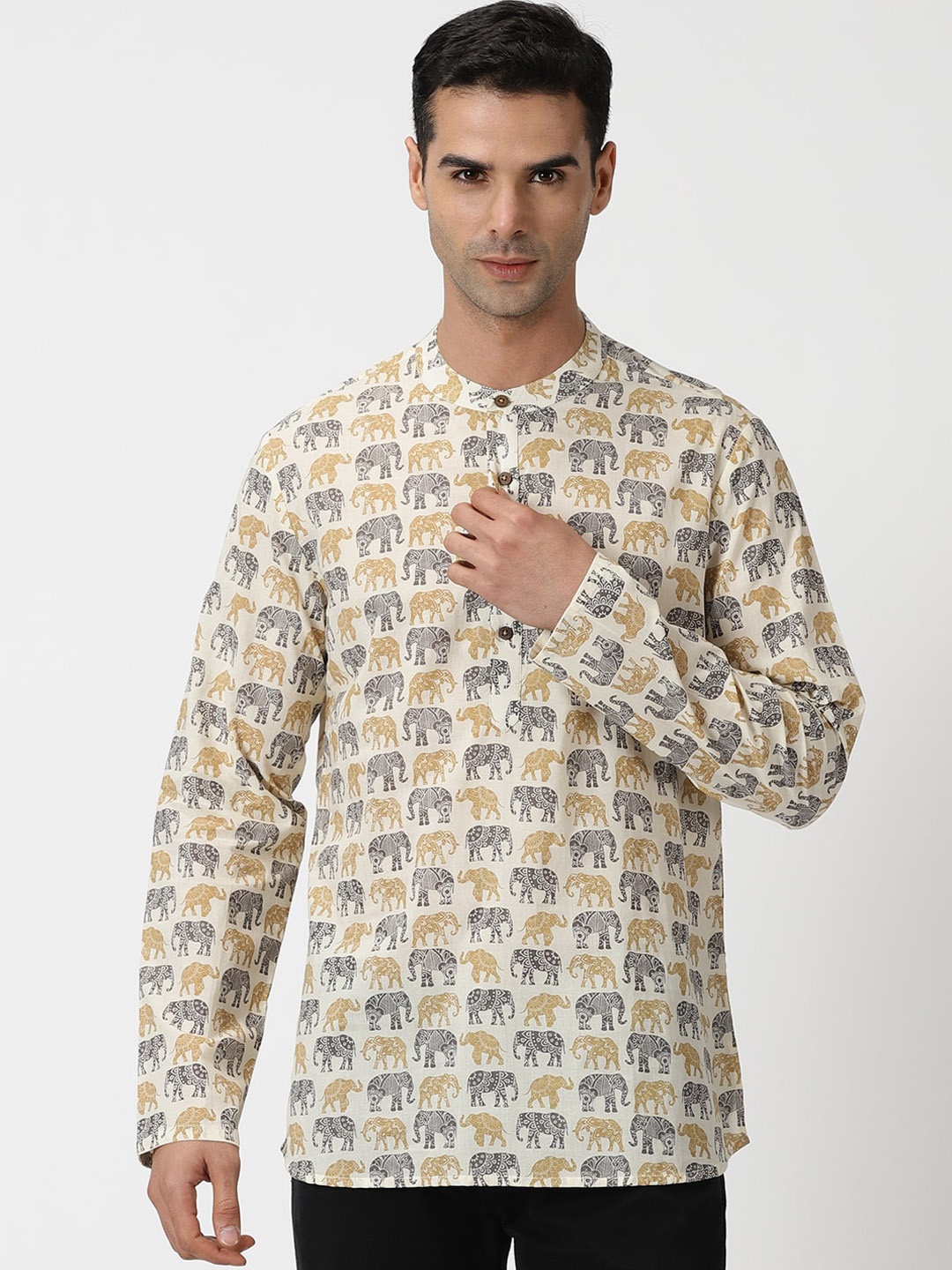 

Saffron Threads Sanganeri Elephant Print Cotton Casual Short Kurta, Off white