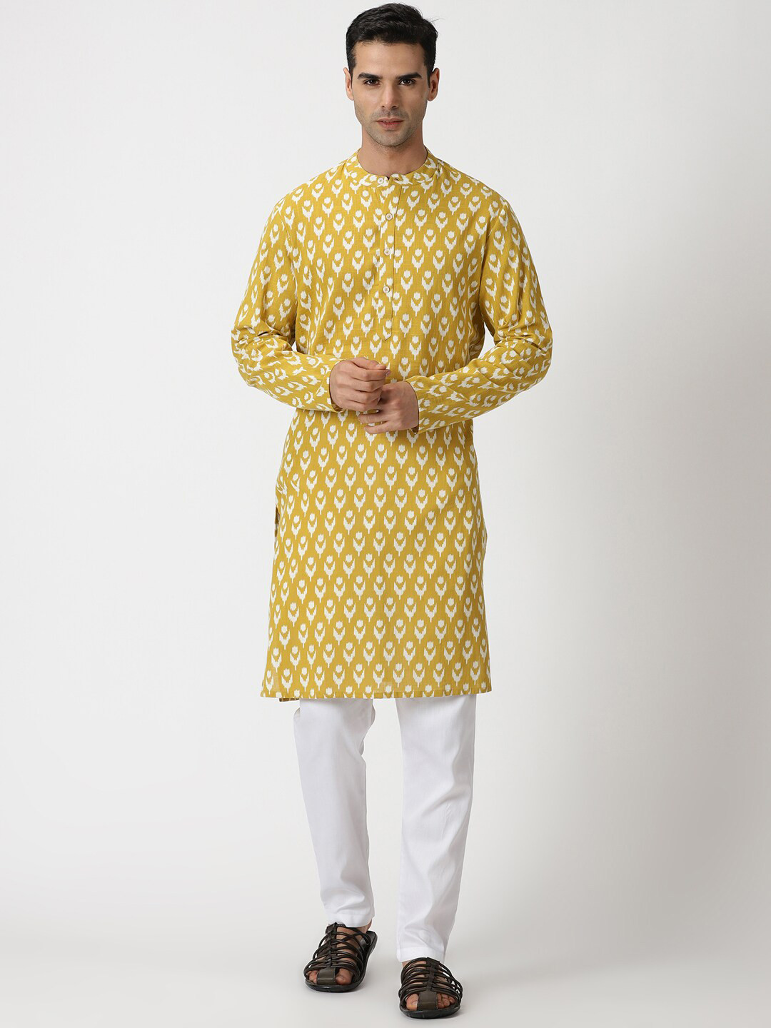 

Saffron Threads Men Ikat Print Cotton Slub Kurta, Mustard