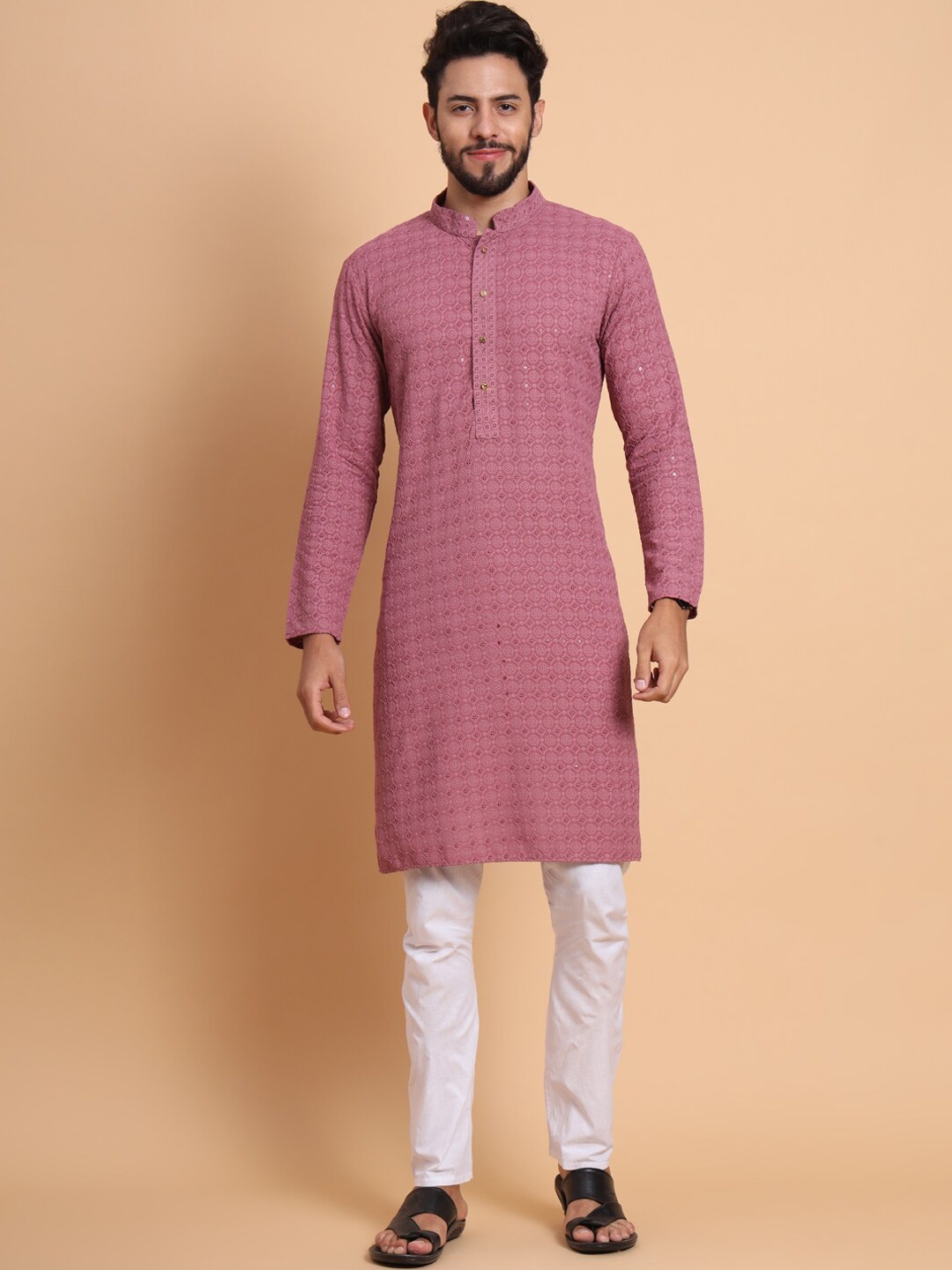 

SWAGG INDIA Floral Embroidered Mandarin Collar Sequinned Straight Kurta, Pink