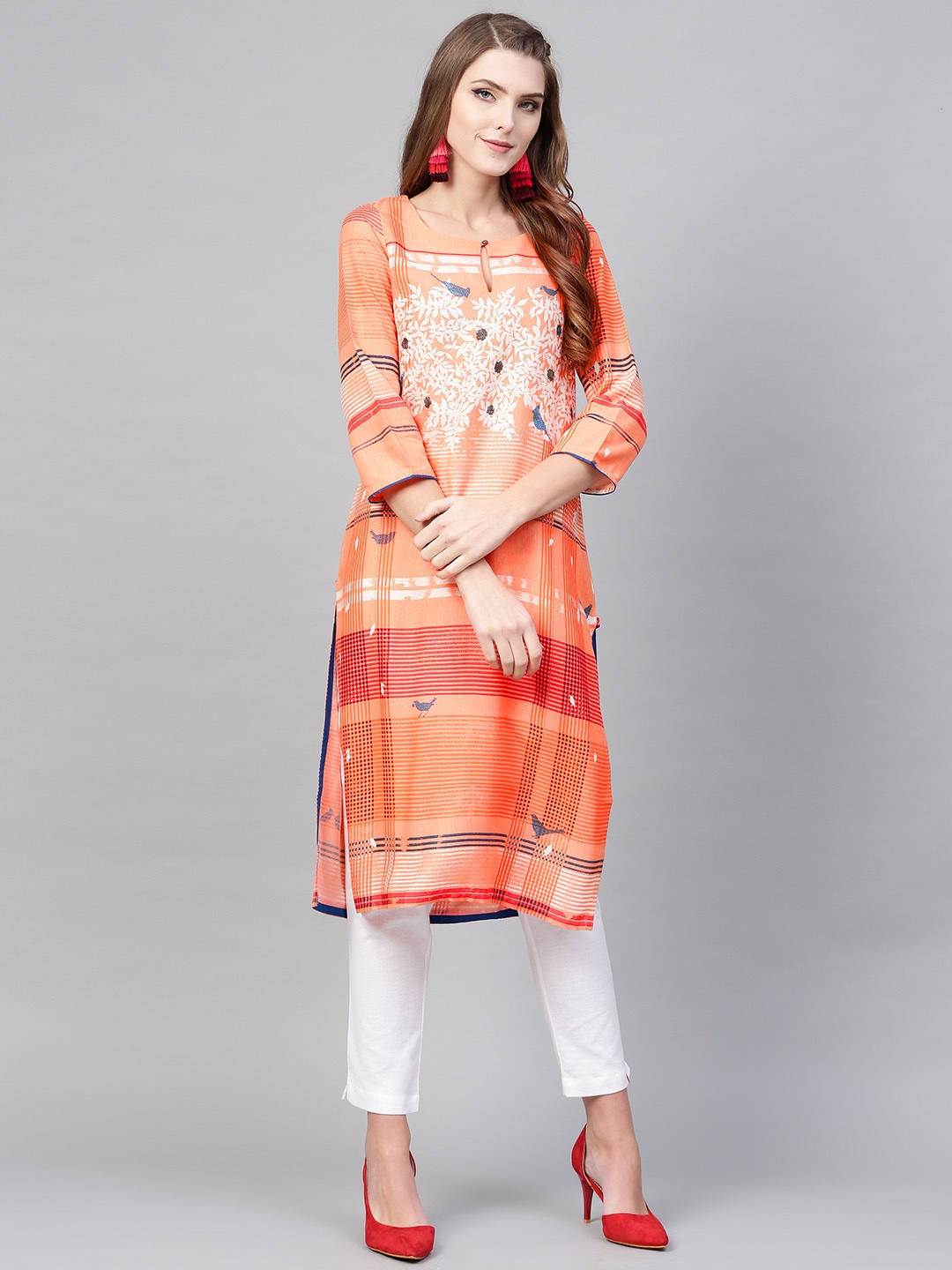 

W Women Orange Printed A-Line Kurta