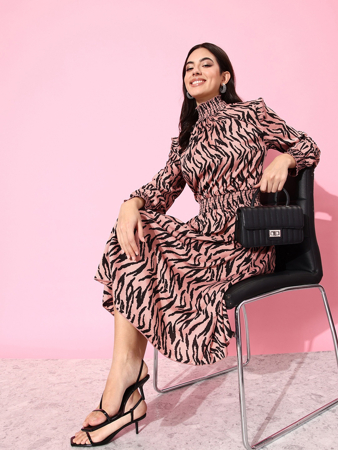 

ANVI Be Yourself Peach-Coloured Animal Print High Neck Fit & Flare Midi Dress