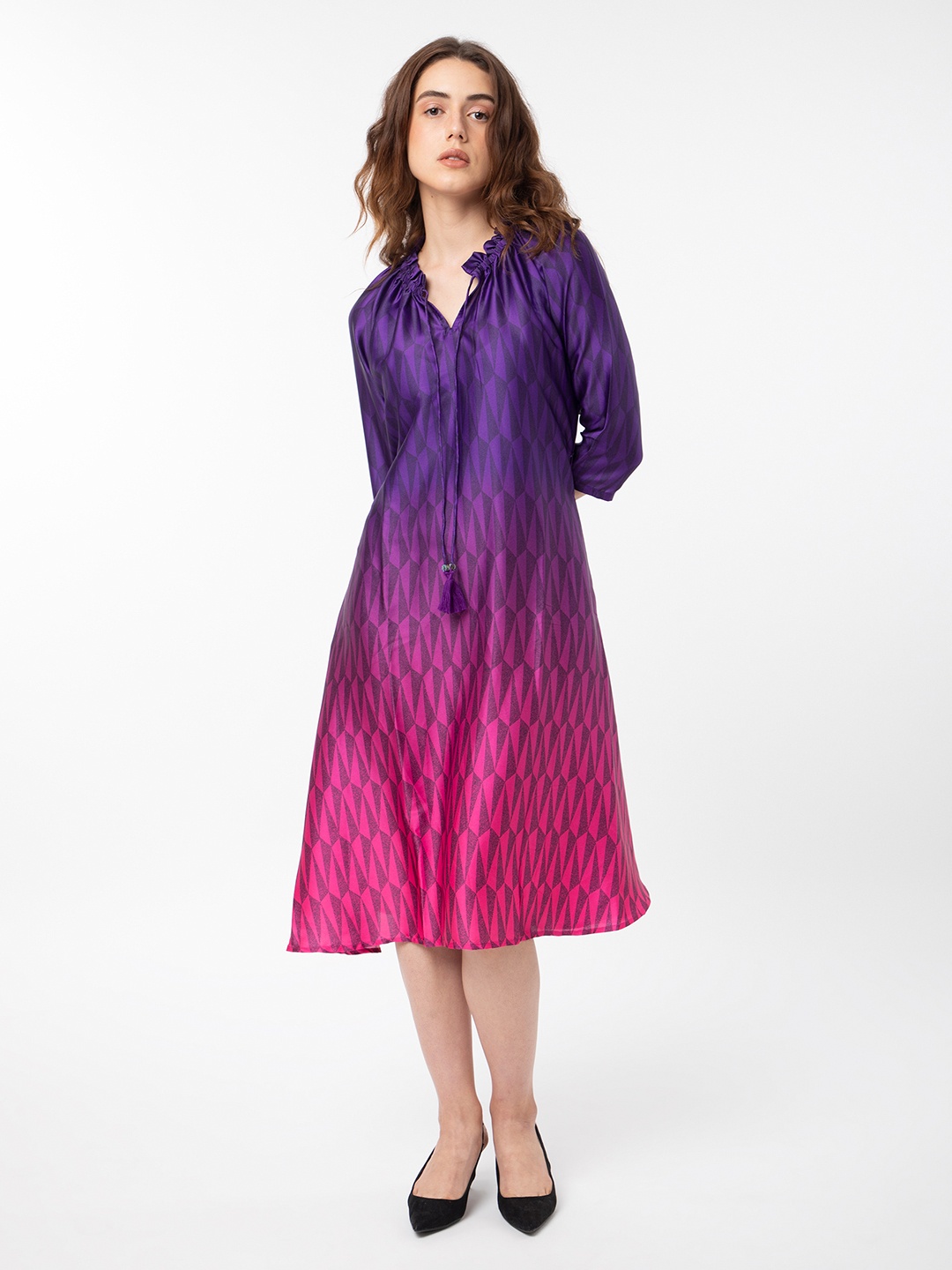 

RAREISM Abstract Printed Tie -Up Belted Neck A-line Dress, Purple