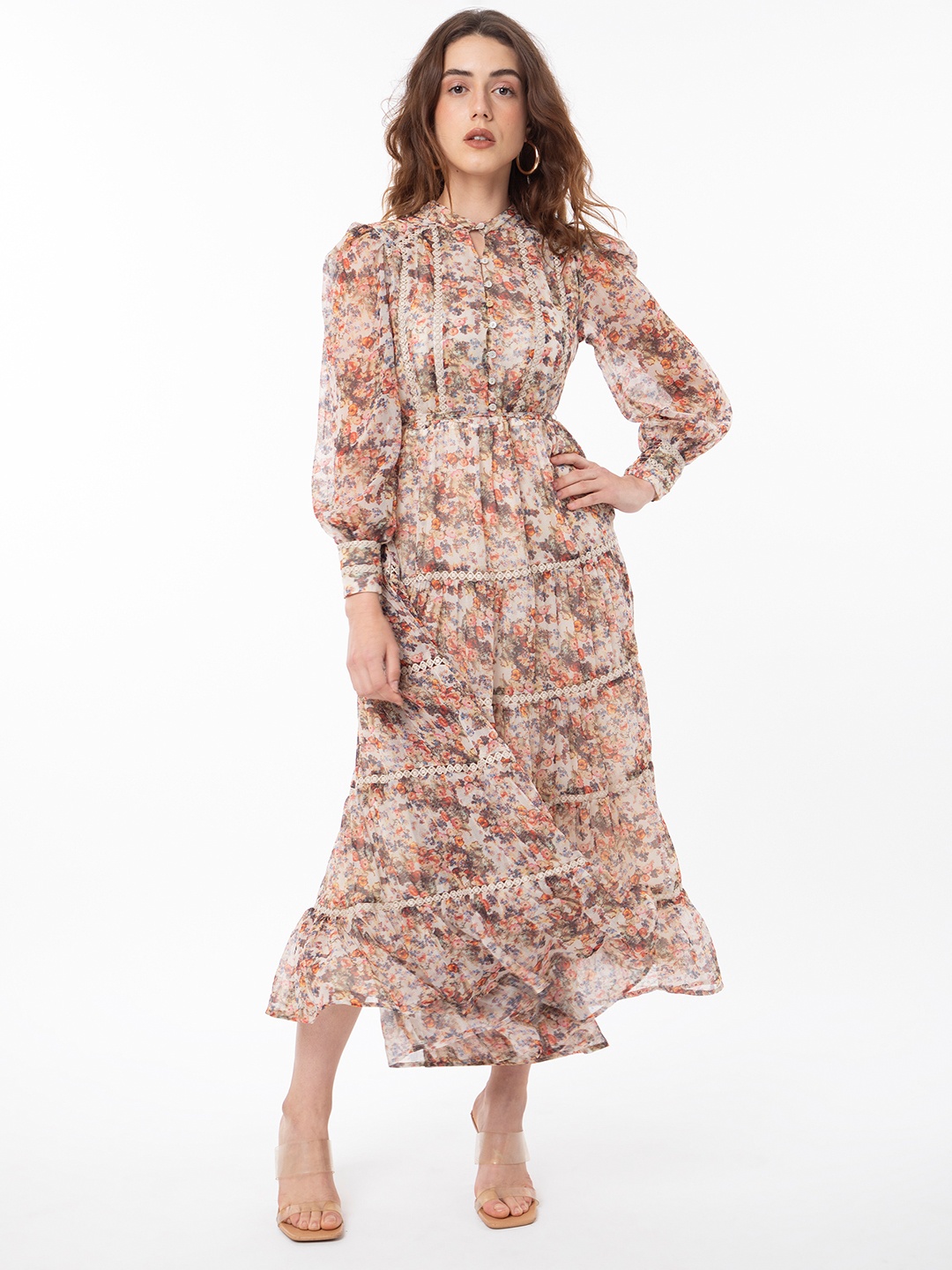 

RAREISM Floral Printed Tiered Band Collar Neck Tie -Up Midi Fit & Flare Dress, Pink