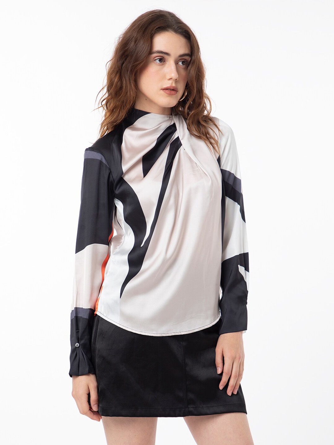 

RAREISM Draped Neck Abstract Print Satin Top, Grey