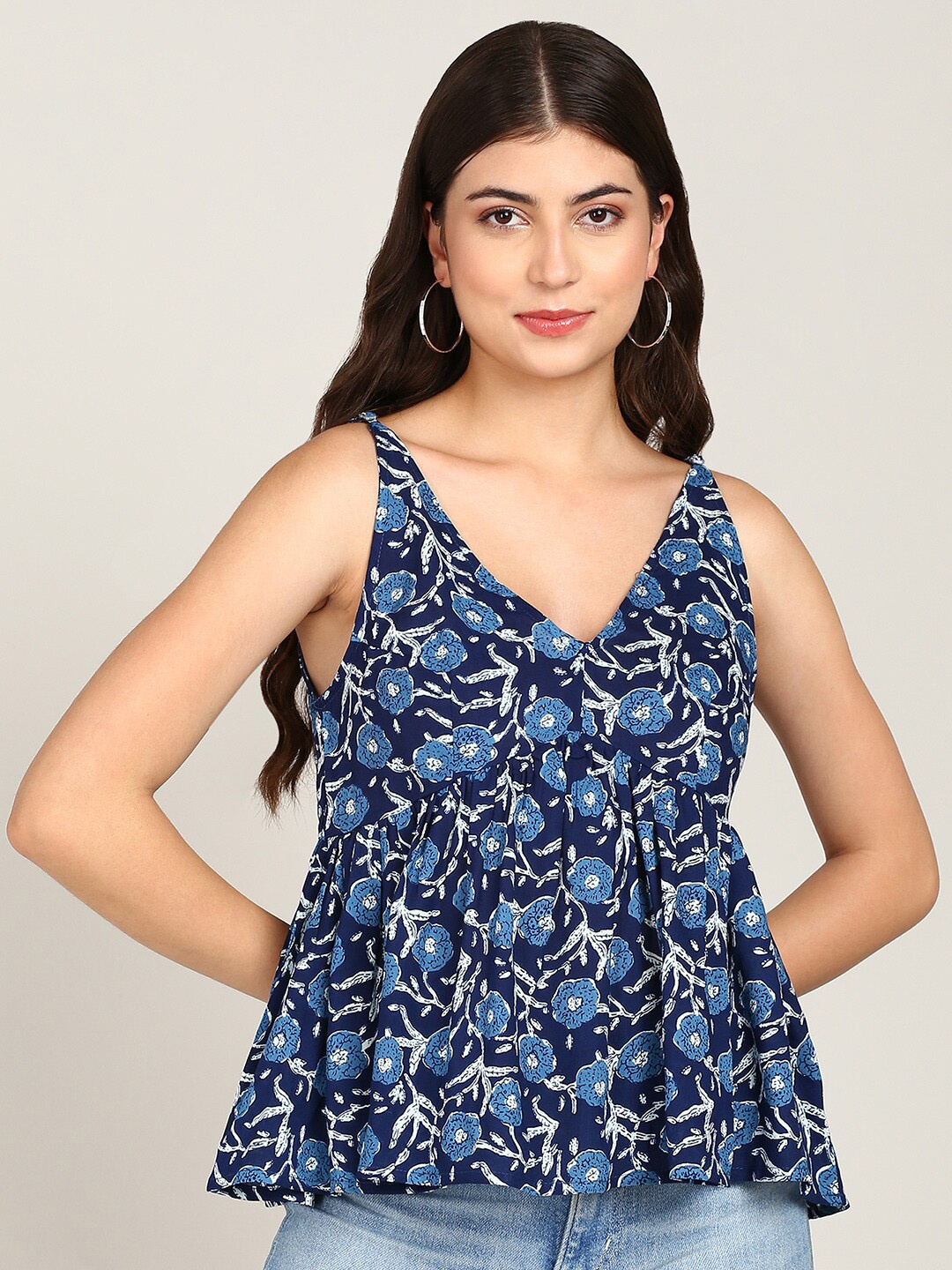 

MALHAAR Floral Printed V-Neck Empire Top, Blue