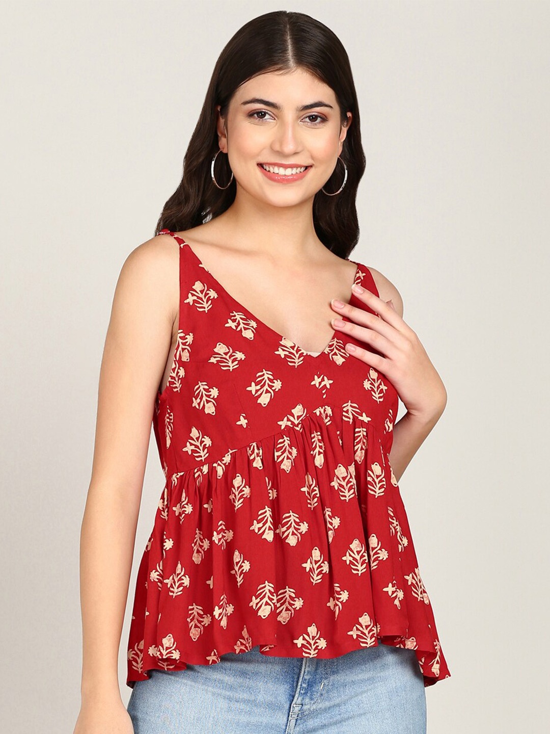 

MALHAAR Floral Printed V-Neck Empire Top, Red